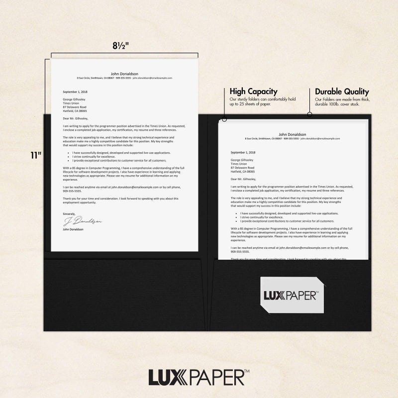 LUXPaper 9" x 12" Presentation Folders | Two Pocket | Black Linen | 100lb. Cover | 50 Qty - Image 4